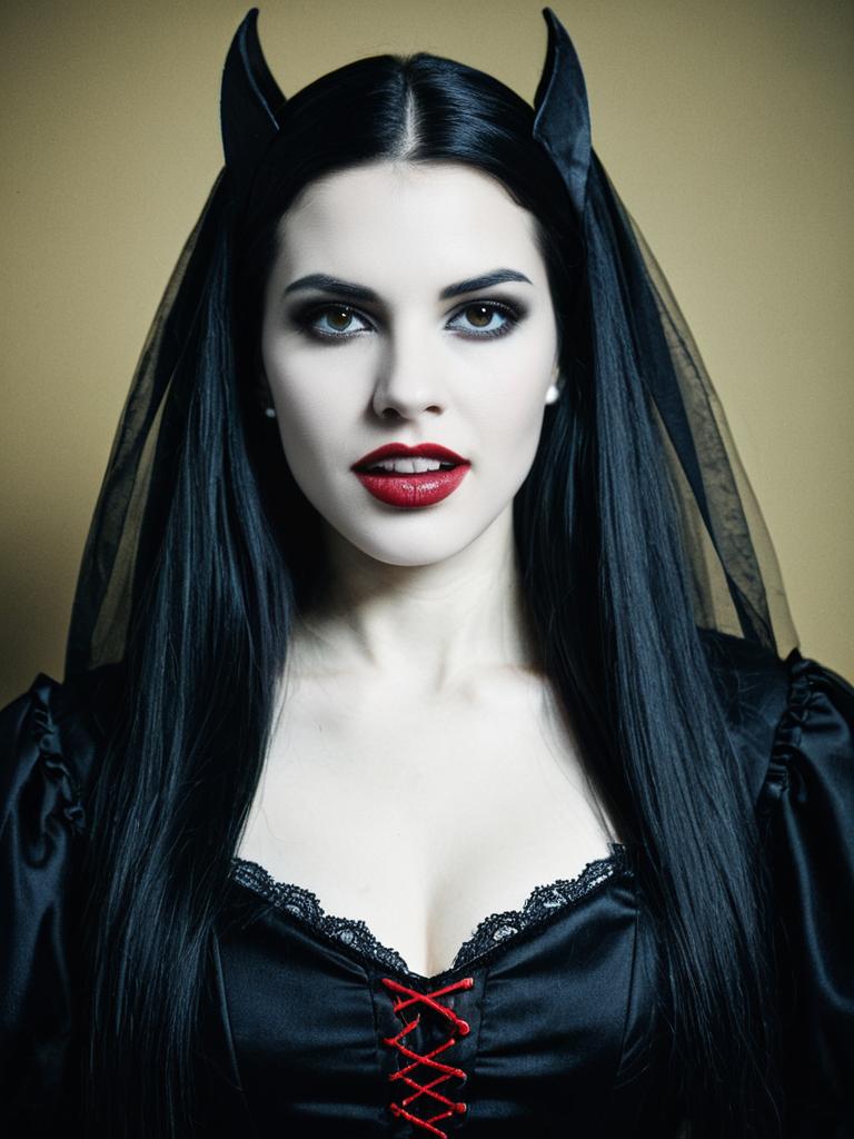 Gothic Woman in Black Satin Costume with Veil and Horns
