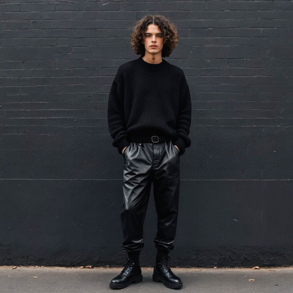 Stylish Young Man in Black Sweater and Leather Pants