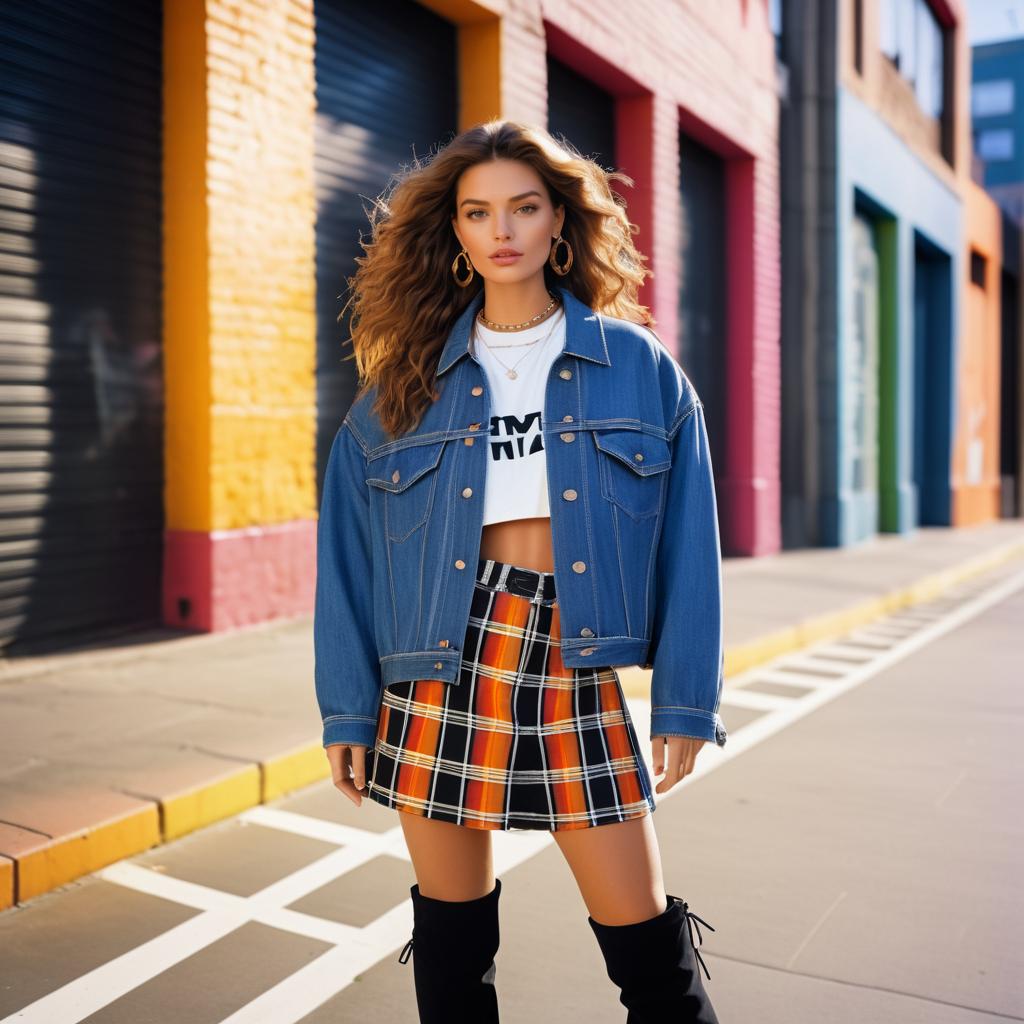 Stylish Woman in Denim Jacket and Plaid Skirt on Urban Street