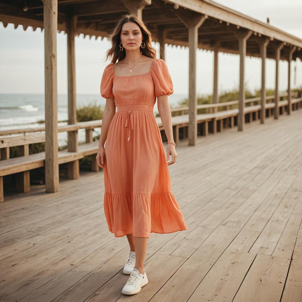 Stylish Woman in Coral Dress on Boardwalk