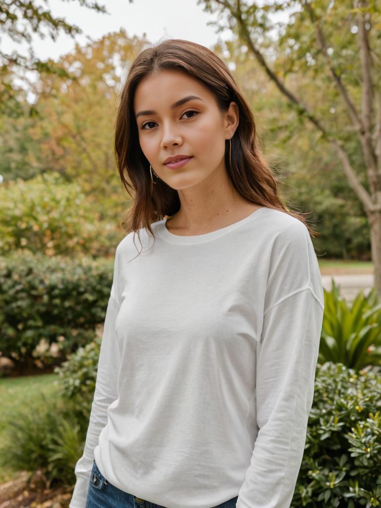 Woman in casual elegant long-sleeve top outdoors