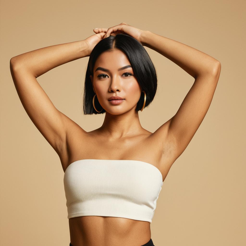 Confident Woman in White Tube Top Posing with Arms Raised