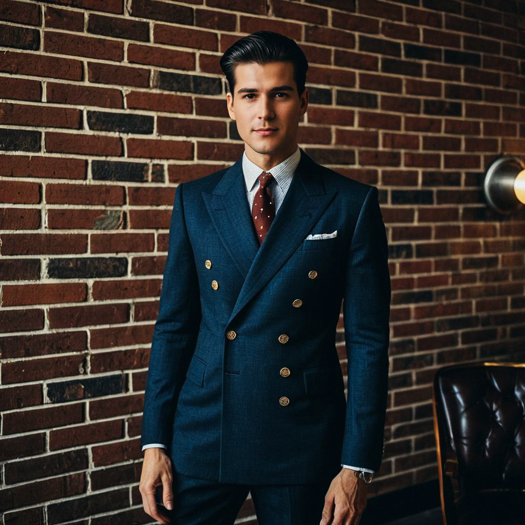 Confident Man in Navy Suit with Rustic Background