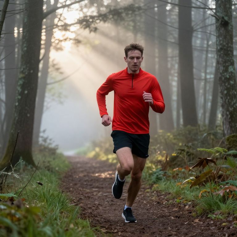 Man Running on Forest Trail in Morning Light