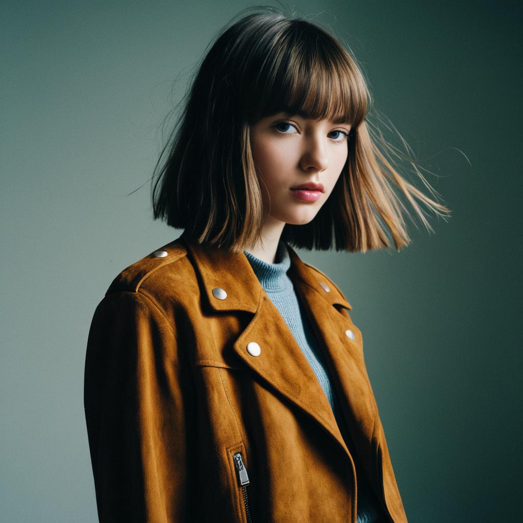Stylish Woman Wearing Brown Suede Jacket with Bob Haircut Portrait