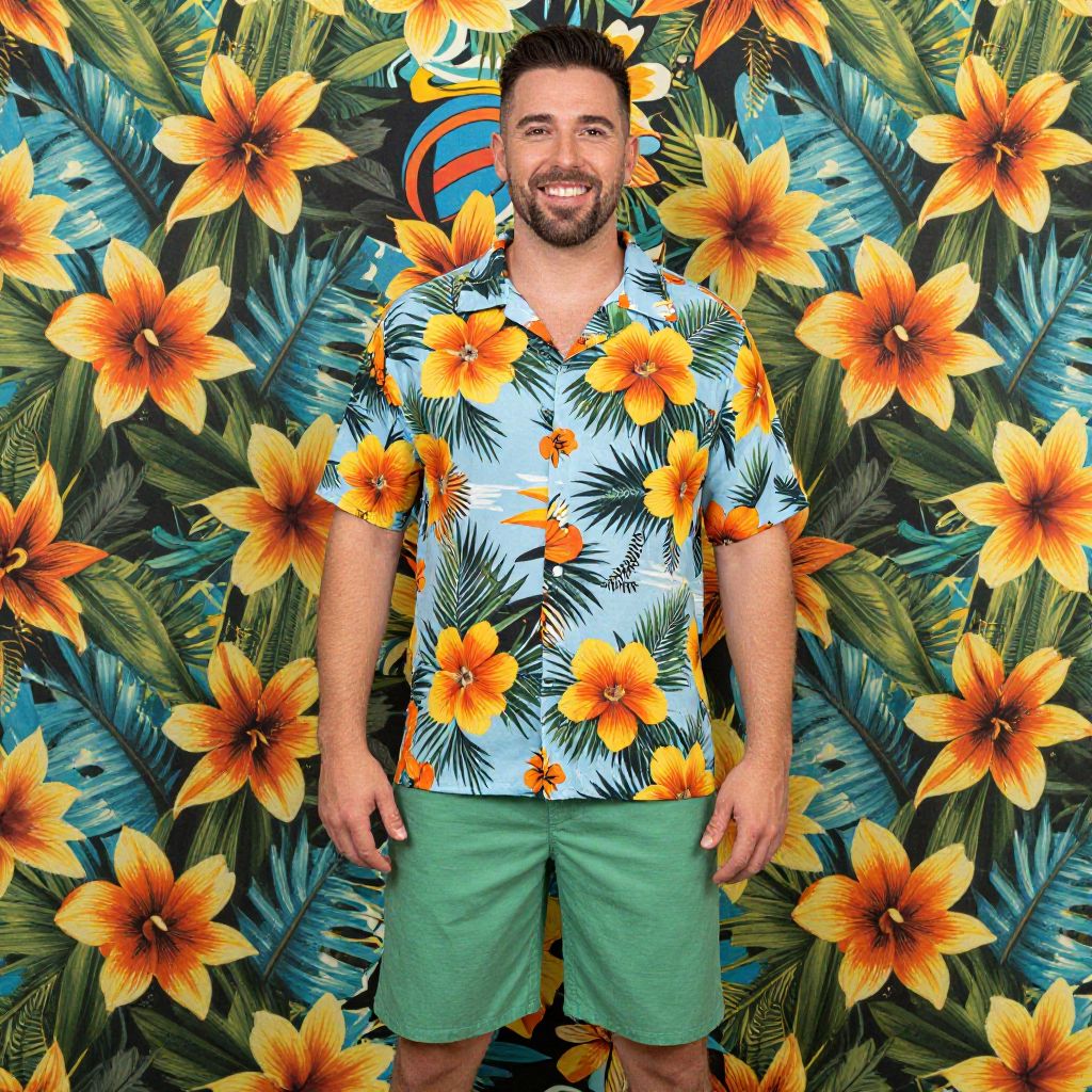 Man Wearing Tropical Hawaiian Shirt Standing Against Floral Background