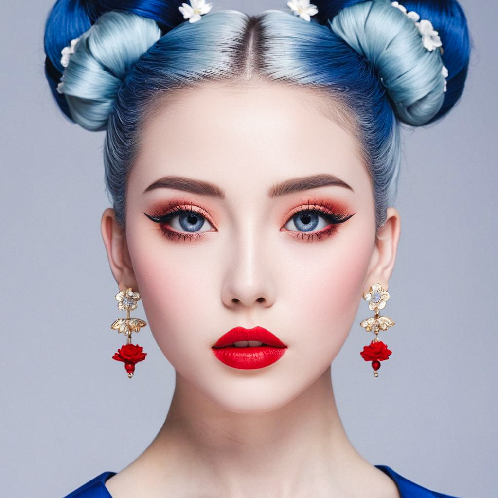 Young Woman with Icy Blue Hair and Floral Accents Young Woman with Icy Blue Hair and Floral Accents