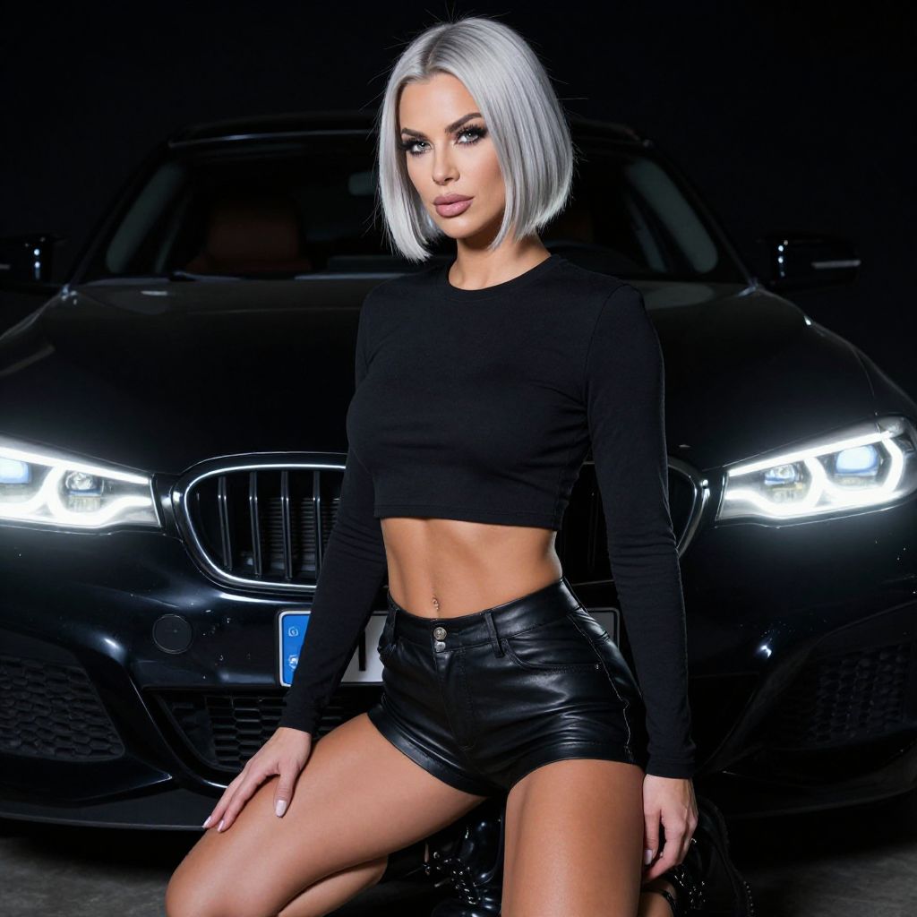 Stylish Woman in Black Leather Outfit Posing by Luxury Car