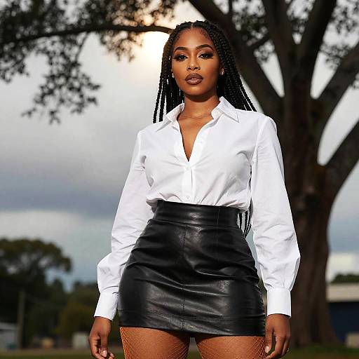 Confident Gen Z Woman in Leather Mini Skirt and White Shirt Outdoors