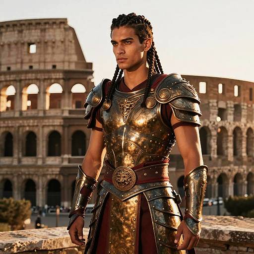 Man in Roman Warrior Armor Standing by the Colosseum