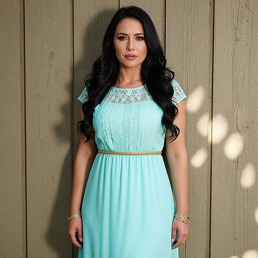 Elegant Woman in Light Turquoise Lace Dress Against Wooden Background