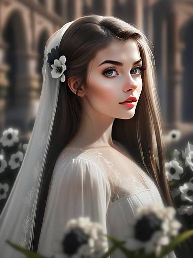 Elegant Digital Portrait of Bride in White Gown with Floral Veil