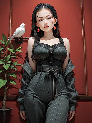 Stylish Woman in Pinstripe Outfit with White Dove Digital Illustration