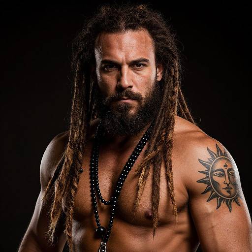 Muscular Man with Dreadlocks and Sun Tattoo Wearing Black Beaded Necklace