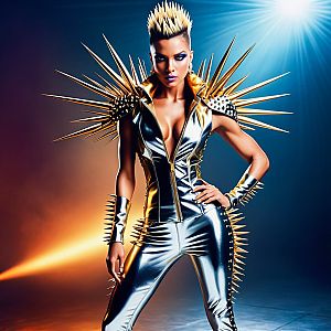 Confident Woman in Metallic Punk Outfit with Gold Spikes