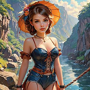 Fantasy Woman in Leather Corset with Parasol by Mountain River