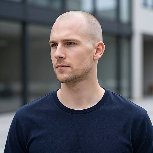 Portrait of Young Man with Shaved Head in Navy Blue T-Shirt Outdoors
