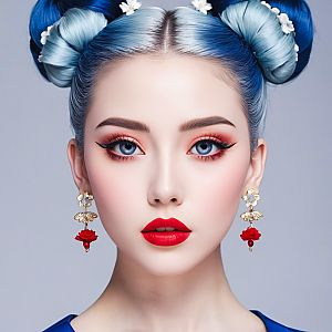 Young Woman with Icy Blue Hair and Floral Accents