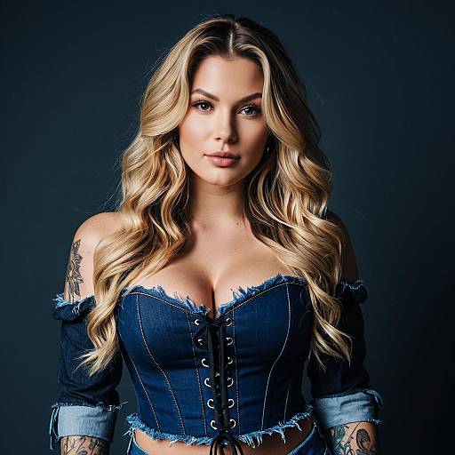 Confident Blonde Woman Wearing Denim Corset Top with Tattoos