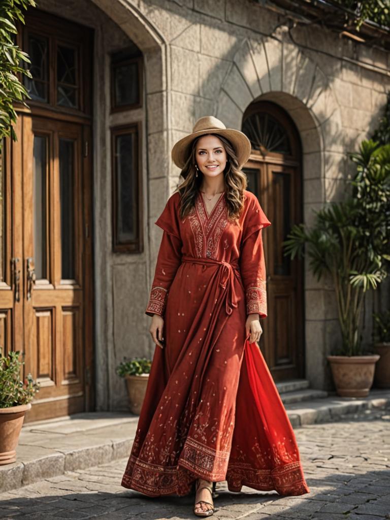 Woman in Red Dress with Wide-Brimmed Hat in Front of Classic Stone Building