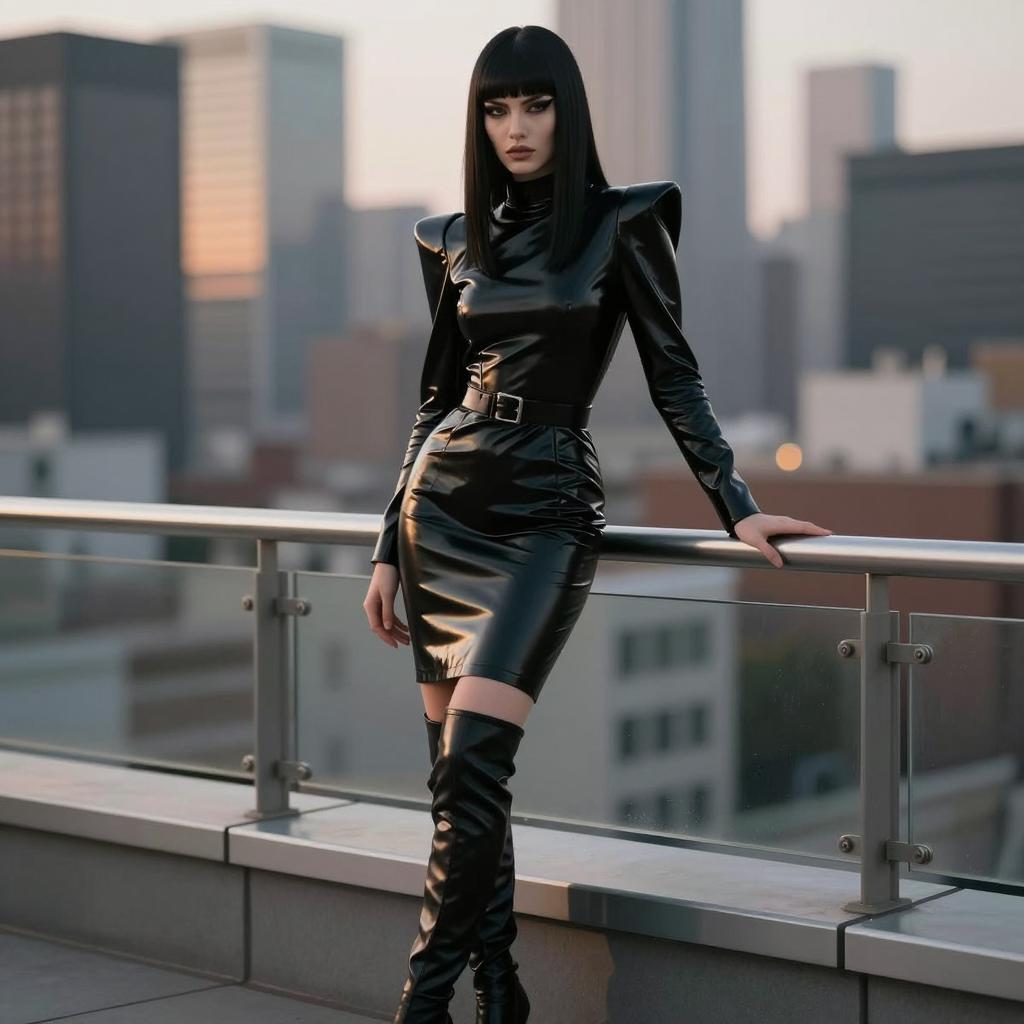 Woman in Black Latex Dress and Thigh-High Boots on Rooftop in Urban Evening