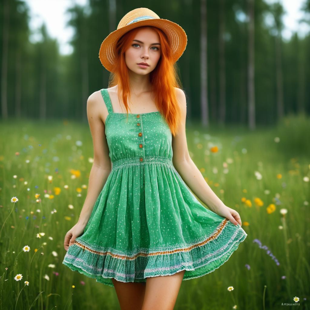 Young Woman in Green Dress in Wildflower Field