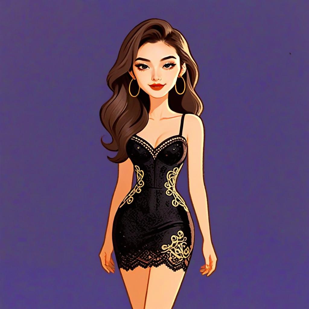 Stylish Woman in Black Cocktail Dress Digital Illustration