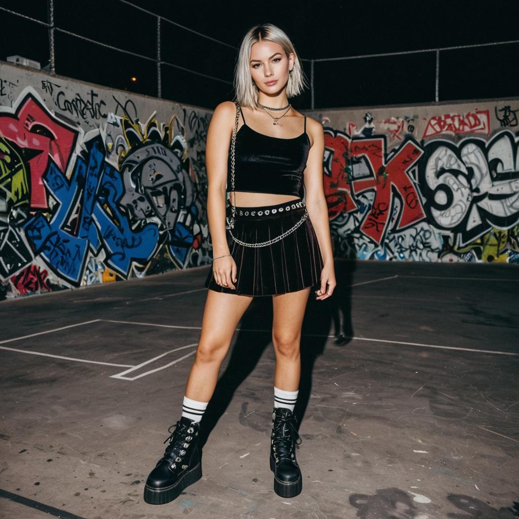 Young Woman in Edgy Streetwear on Graffiti Basketball Court at Night