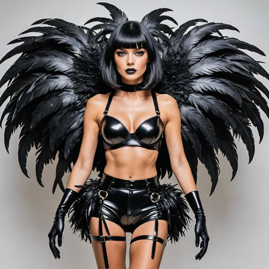 Woman in Black Latex Outfit with Dramatic Feather Wings