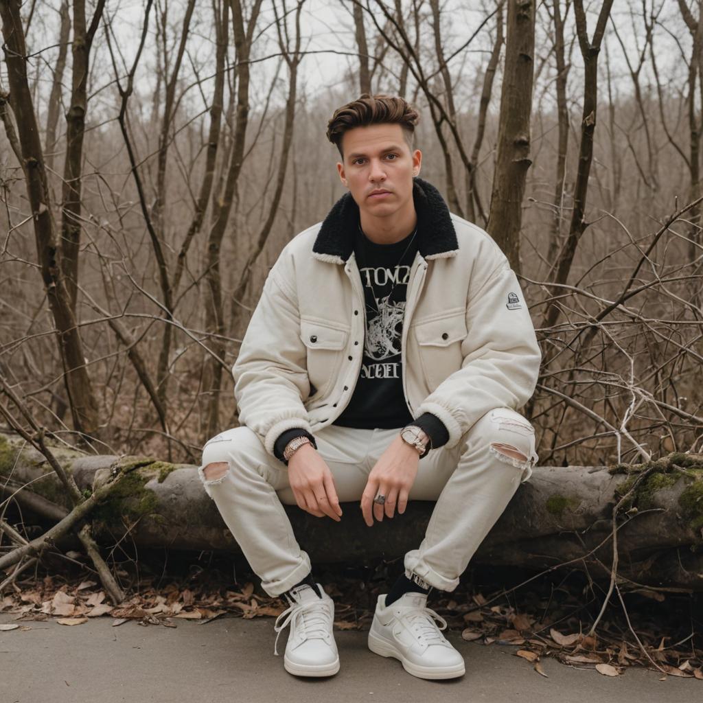 Man in White Jacket on Fallen Tree Trunk