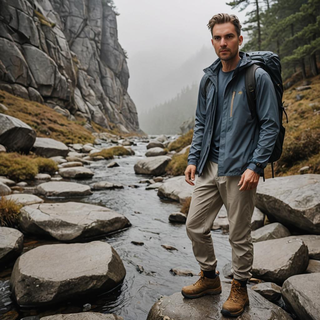 Confident Man in Serene Mountain Stream