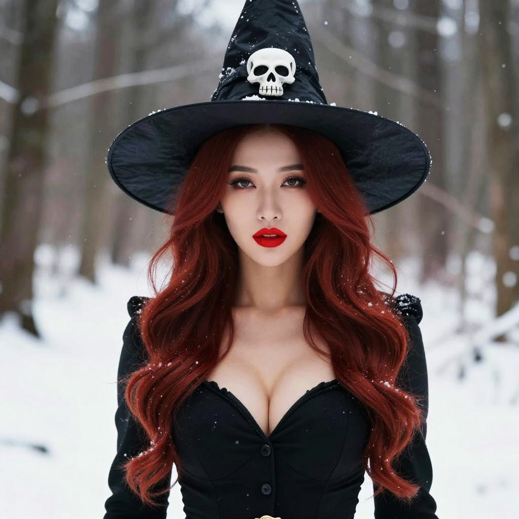 Young Woman in Witch Costume with Skull Hat in Snowy Forest
