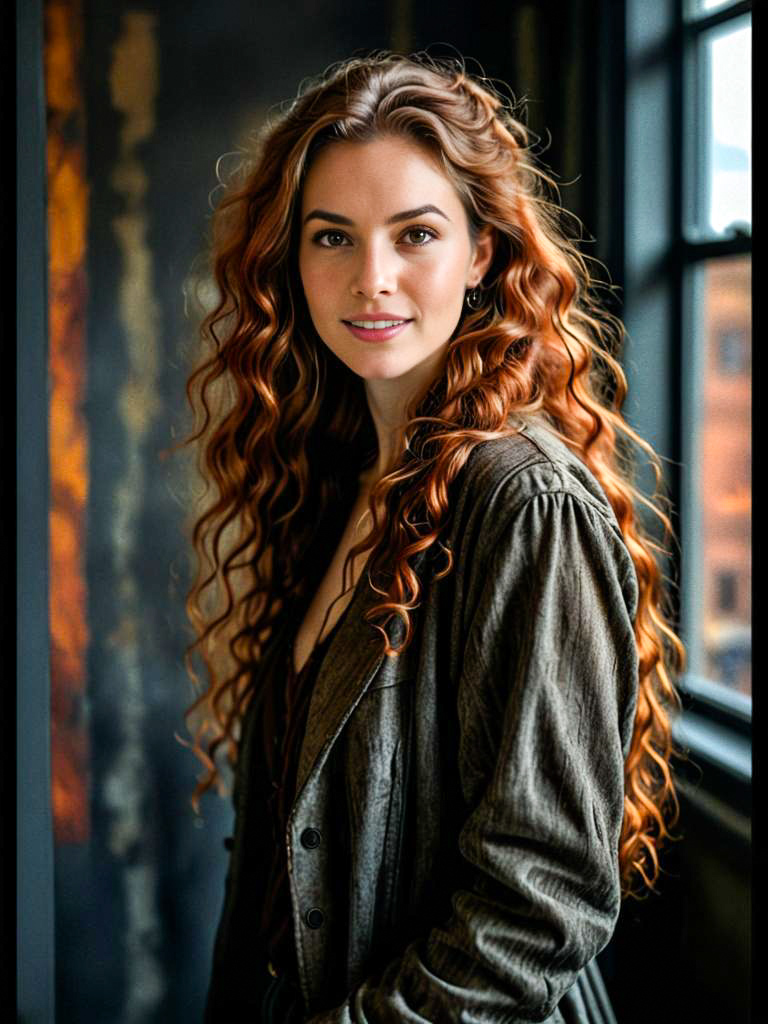 Portrait of a Young Woman with Curly Reddish-Brown Hair