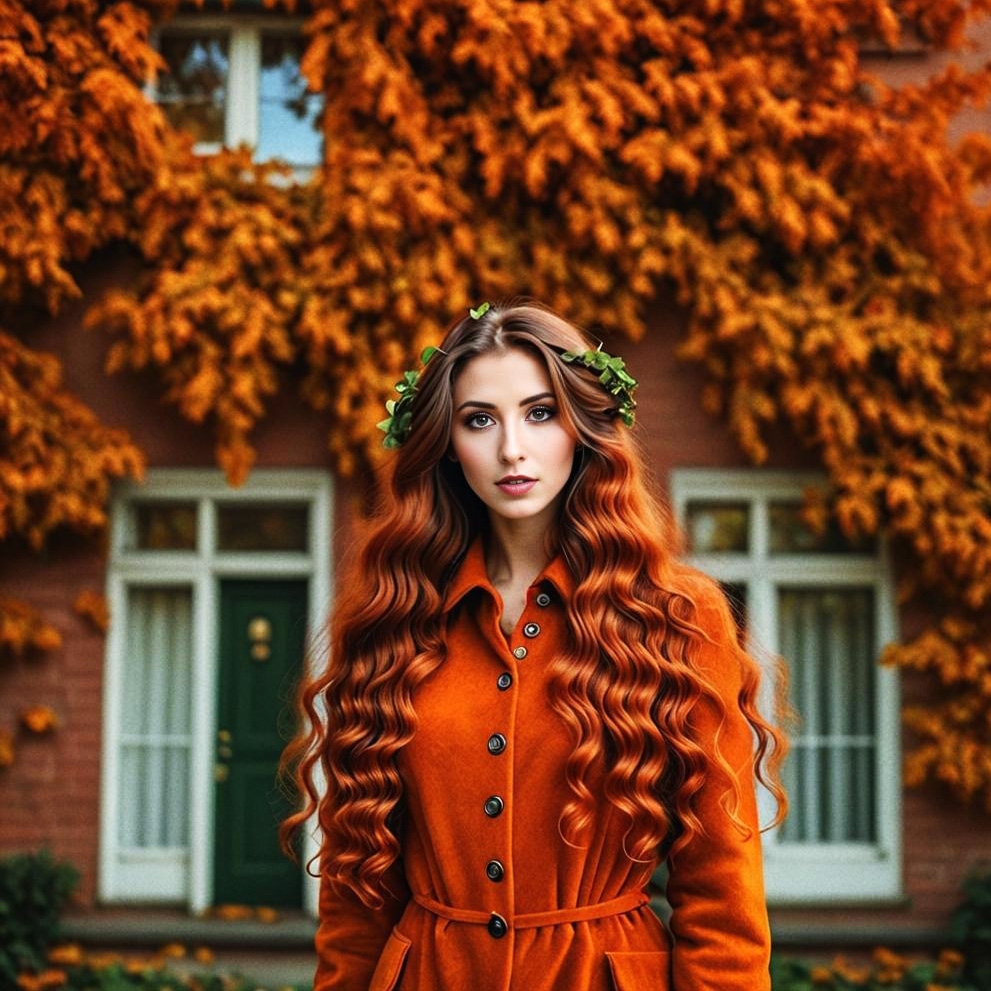 Woman with Red Hair in Autumn Foliage