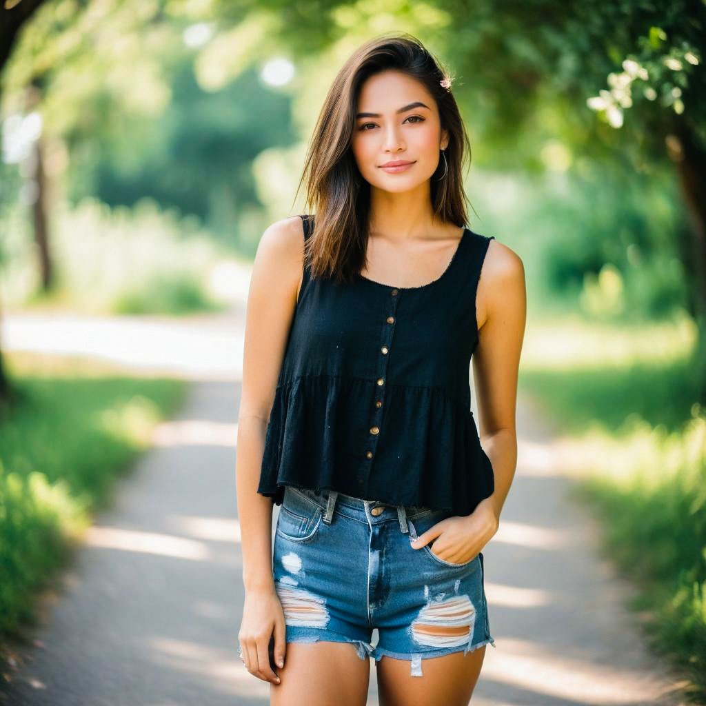 Confident Young Woman in Summer Fashion on Sunlit Pathway