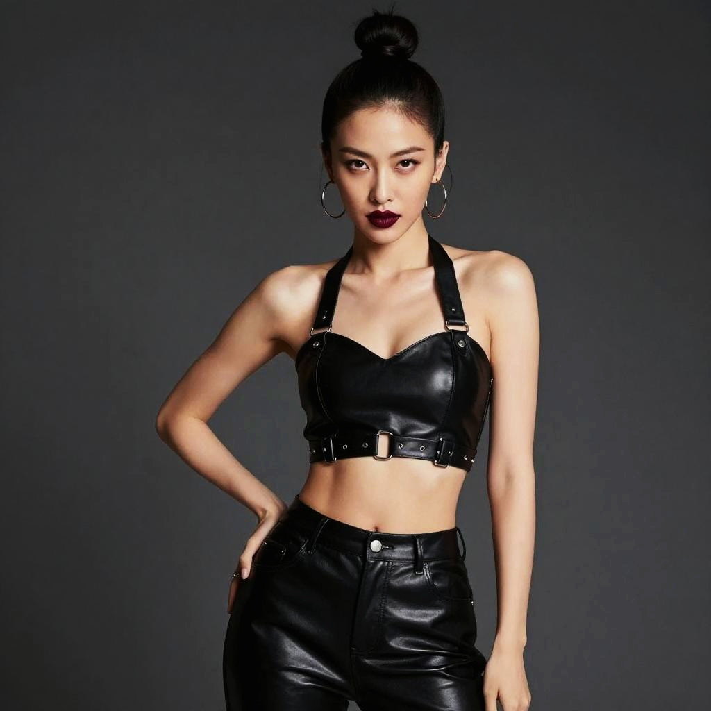 Edgy Woman in Black Leather Halter Crop Top and Pants Fashion Portrait