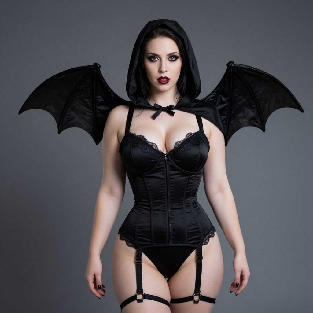Woman in Black Bat Costume with Corset and Wings