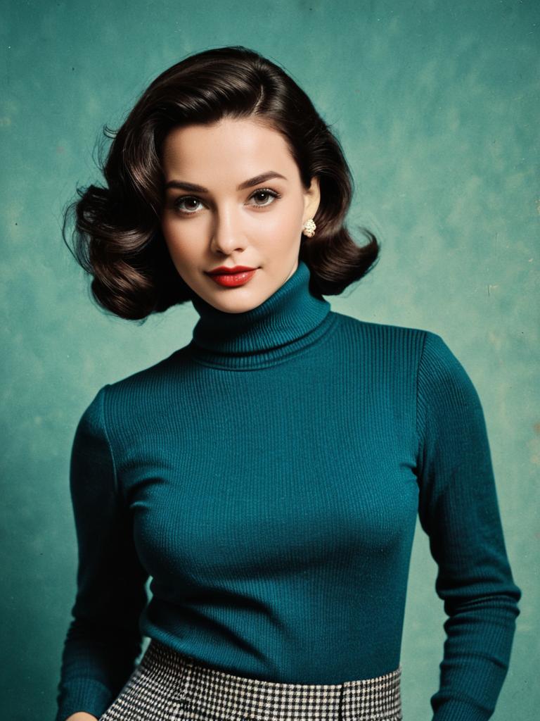 Retro Vintage Style Woman Wearing Teal Turtleneck Sweater Portrait