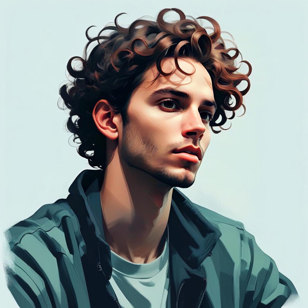 Digital Portrait of a Young Man with Curly Hair