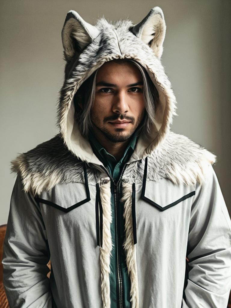 Man Cosplay Wearing Realistic Timber Wolf Costume with Fur Hood