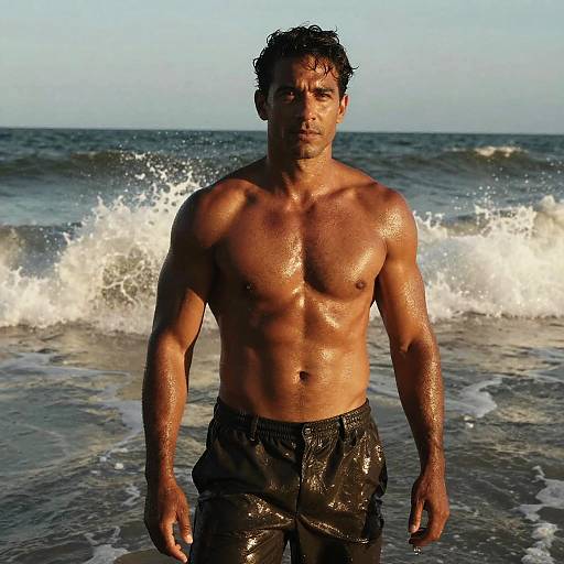 Fit Muscular Man Standing at the Beach with Waves Crashing