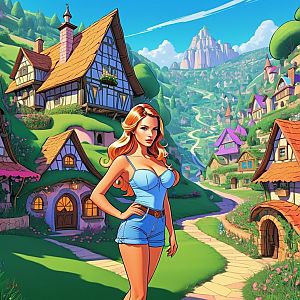 Digital Illustration of Woman in Fantasy Village with Colorful Cottages and Mountain Path