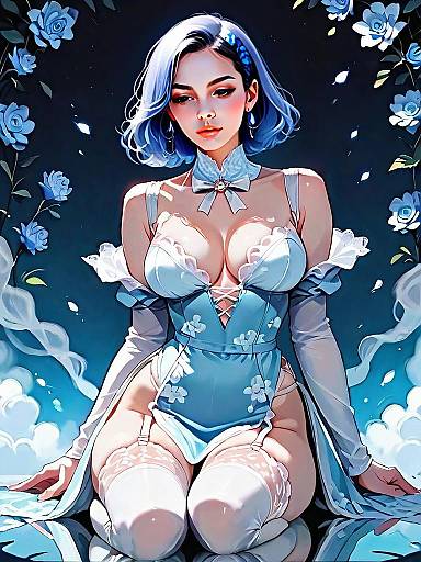 Dark Fantasy Nighttime Digital Art of Woman in Blue Floral Outfit