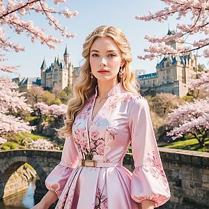 Woman in Pink Dress Among Cherry Blossoms