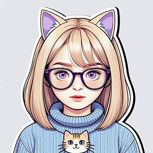 Anime Woman with Cat Ears and Glasses in Light Blue Sweater