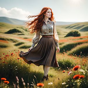 Woman with Red Hair in Wildflower Field