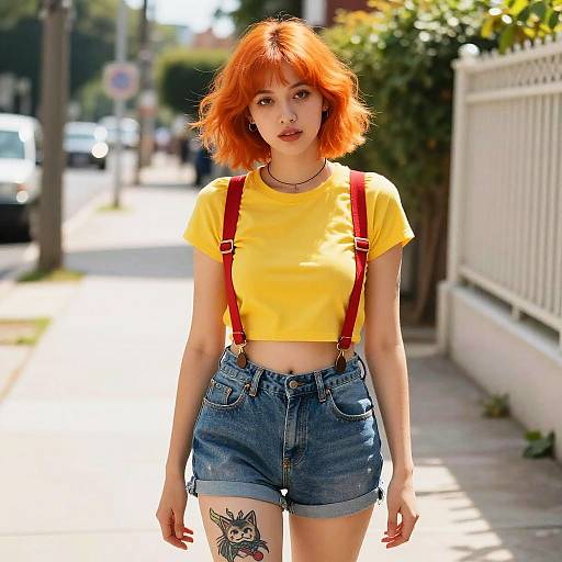 Young Woman with Orange Hair Wearing Yellow Crop Top and Denim Shorts with Cat Tattoo