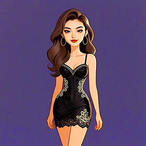 Stylish Woman in Black Cocktail Dress Digital Illustration