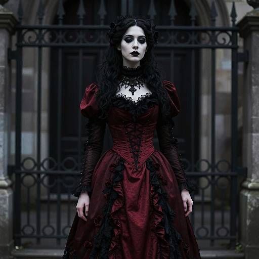 Victorian Gothic Woman in Burgundy Dress with Dark Makeup