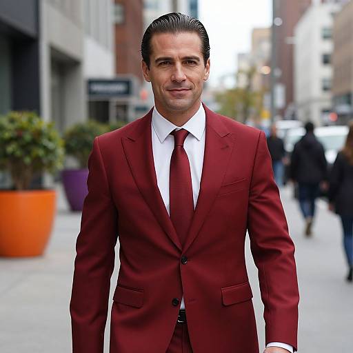 Confident Man in Burgundy Suit Walking in Urban Street